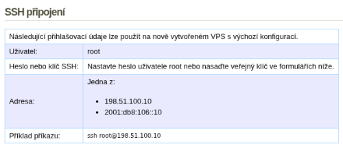 IP adresy a příkaz pro připojení přes SSH